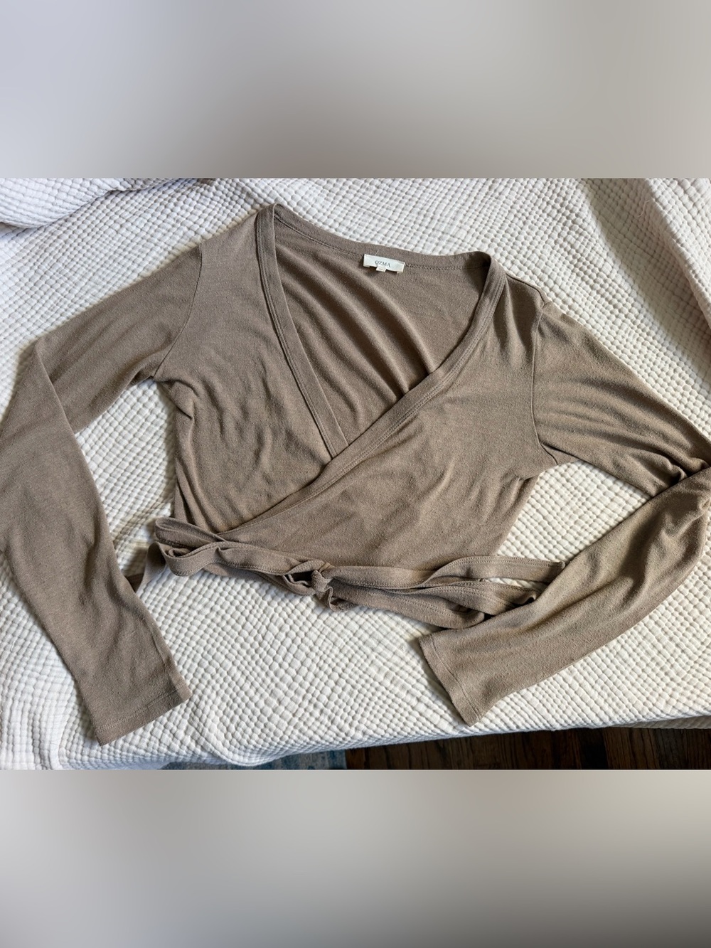 OZMA Silk Taupe Wrap Top. Size M.